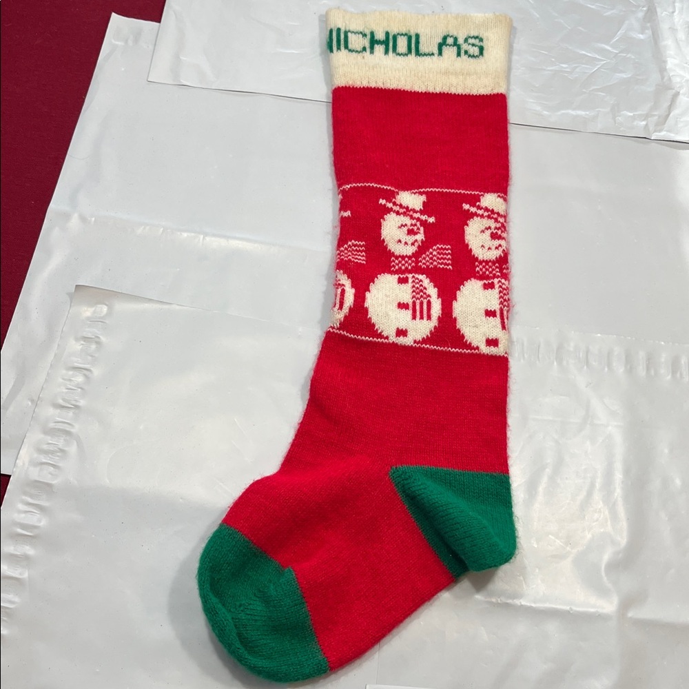 Vintage 90s tight knit white snowman red green big Christmas stocking,  24”long